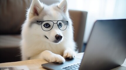 An adorable dog using a laptop. Generative AI. 