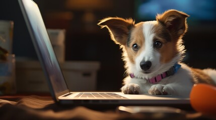 An adorable dog using a laptop. Generative AI.  - obrazy, fototapety, plakaty