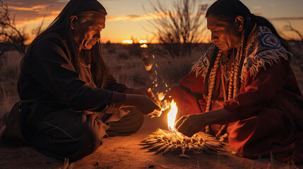 Two indian in traditional robes sit in front of a small fire. The sun is setting in the background.