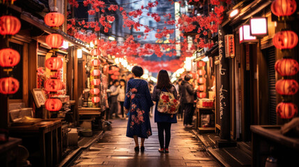 Back view on two women in traditional Japanese dresses on a street - obrazy, fototapety, plakaty
