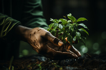 male hands holding a young tree seedling. caring for nature and preserving the environment. Ecological concept of saving the world and loving nature