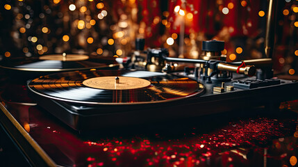 A vinyl record on a record player with a gold blurred background at a party