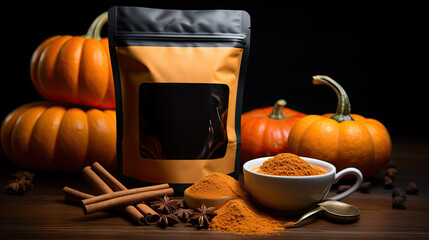 ground orange pumpkin powder and a plastic bag next to it. mockup template for products