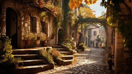 A cozy street with old houses in the province of a European city - obrazy, fototapety, plakaty