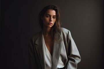 Portrait of a beautiful young woman in a gray jacket on a dark background