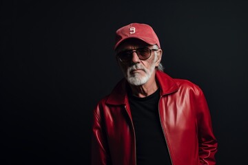 Portrait of a senior man wearing a red cap and sunglasses.
