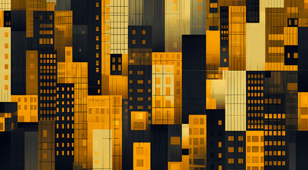 Yellow and Black Building: Squares and Canvas Texture Emphasis in Mid-Century Style Background