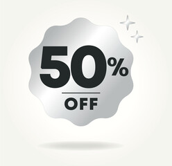 50% off. Discount, promo sticker, sale tag. Market, mall, store, retail. Ads, poster, marketing. Special offer, promotion. Vector, design