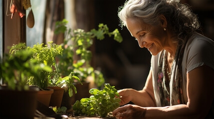 Beautiful smiling grey-haired elderly woman 60-70 years old working on seedlings