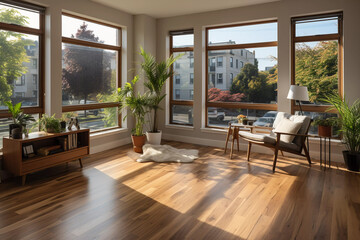 Contemporary Living Room Overlooking Autumn Cityscape, interior design