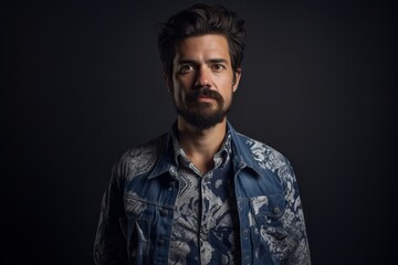 Portrait of a handsome young man in a denim shirt on a dark background