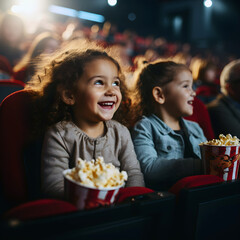 Obraz na płótnie Canvas Kids laugh and enjoy a movie, munching on popcorn in the cinema
