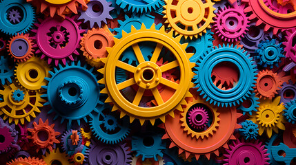 Colorful gears on a dark background, Precision in Motion: Exploring the World of Mechanics