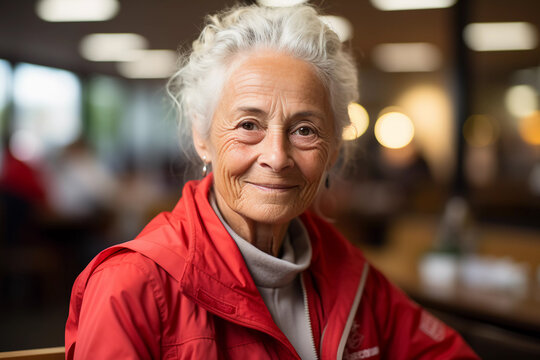 Elderly Volunteer from Red Cross with a Warm Smile at a Shelter
