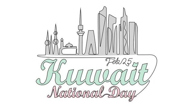 Animated self drawing of Kuwait National Days on February 25th. Kuwait National Days concept illustration in simple linear animation. Kuwait National Days concept design with full length animation