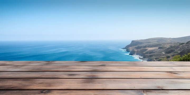 Seaside Escape: A Tranquil Beach Mockup with a Wooden Deck Overlooking the Ocean