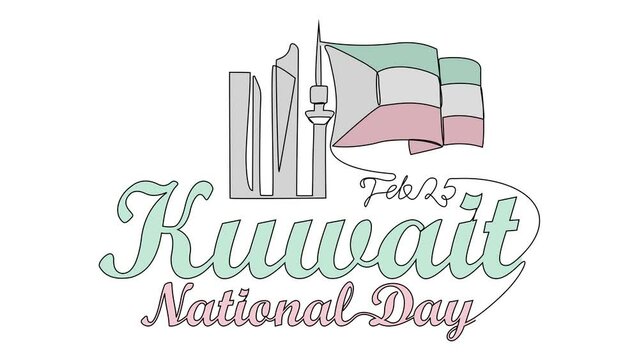 Animated self drawing of Kuwait National Days on February 25th. Kuwait National Days concept illustration in simple linear animation. Kuwait National Days concept design with full length animation