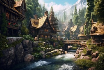 a small village with a beautiful waterfall. generative ai