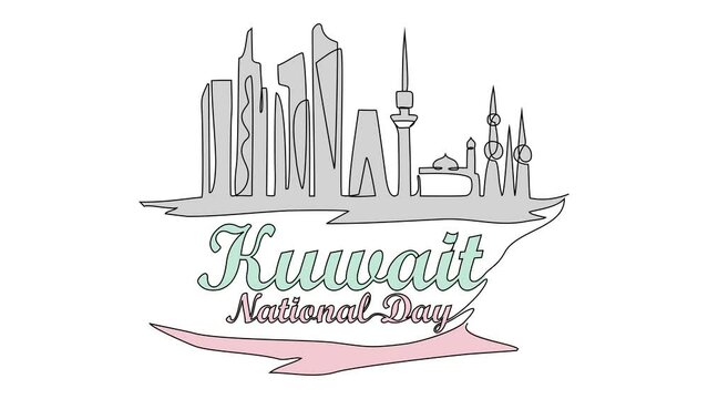 Animated self drawing of Kuwait National Days on February 25th. Kuwait National Days concept illustration in simple linear animation. Kuwait National Days concept design with full length animation