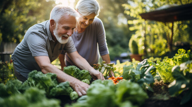 elderly couple woman and man farmer working on the farm together. Happy couple inspecting harvest of ripe organic vegetables. Agricultural business technology concept.  - Powered by Adobe