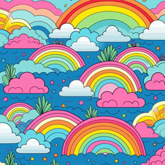 Rainbow after a storm quirky doodle pattern, background, cartoon, vector, whimsical Illustration