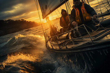 Captain and Sailors Navigating Turbulent Seas - obrazy, fototapety, plakaty