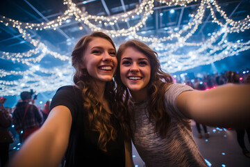 Two best friends women in evening casual dress taking selfie at new year party - obrazy, fototapety, plakaty