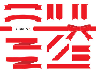 フラットなライン入りリボンイラストセット赤
