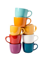 Stacked ceramic mugs on transparent white background