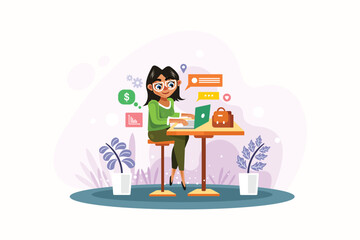Naklejka premium Woman is Working with Laptop Vector Illustration