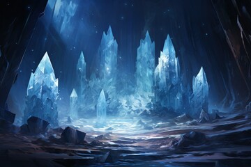Glistening crystal golems protecting hidden treasures in icy caves - Generative AI - obrazy, fototapety, plakaty