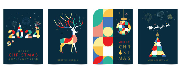 Christmas geometric background with ball,tree,reindeer.Editable vector illustration for postcard,a4 size