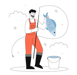 Bearded fisherman with fish vector line