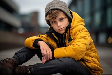 A portrait of a boy in a yellow jacket on the street.