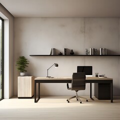 Office with large desk, chair, gray walls and large window