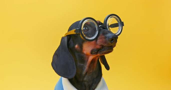 Dog, dachshund nerd student with poor eyesight in round glasses looks attentively, barks stubbornly, persistently proves that he is right Myopia in first grader, child with astigmatism Children optics