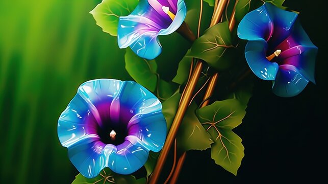 Morning glory purple flowers stamens dewdrops UHD wallpaper Stock Photographic Image
