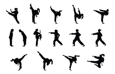 set of women karate silhouette vector. Boxing and competition silhouettes vector image, Boxing black white elements set with fighter sports clothing isolated,