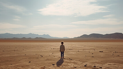 Fototapeta na wymiar the little boy stood in front of a vast expanse of barren land shot from behind. Generative AI