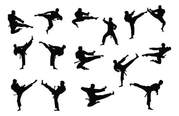 set of men karate silhouette vector. Boxing and competition silhouettes vector image, Boxing black white elements set with fighter sports clothing isolated,