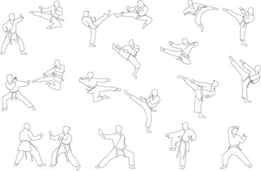 Fototapeta na wymiar line art set of men karate silhouette vector. Boxing and competition silhouettes vector image, Boxing black white elements set with fighter sports clothing isolated,