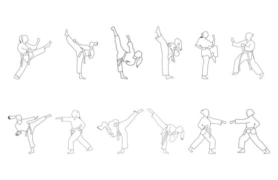 line art set of women karate silhouette vector. Boxing and competition silhouettes vector image, Boxing black white elements set with fighter sports clothing isolated,