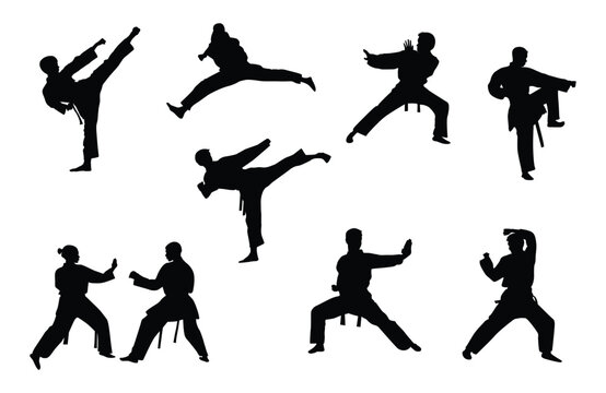 set of men karate silhouette vector. Boxing and competition silhouettes vector image, Boxing black white elements set with fighter sports clothing isolated,