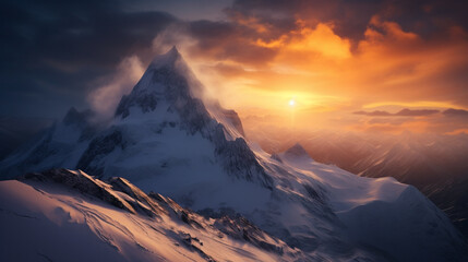 Naklejka na ściany i meble award winning photography, sunrise behind the snowy mountain. Generative AI