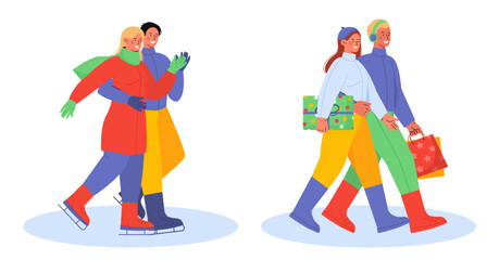 Couples at winter scenes vector set