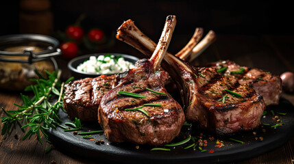 Grilled Lamb Chops on the wooden table in the restaurant. - obrazy, fototapety, plakaty
