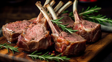 Raw racks of lamb with rosemary freshly cooked on the wooden table in the restaurant.
