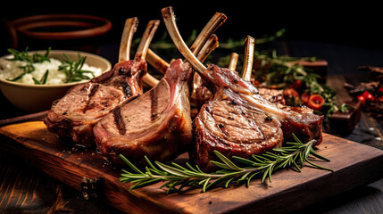 Raw racks of lamb  with rosemary freshly cooked on the wooden table in the restaurant.