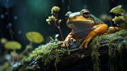 White-lipped frog caught in the rain on a tree branch in a park. Generative AI