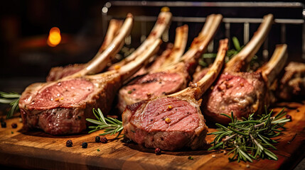 Raw racks of lamb  with rosemary freshly cooked on the wooden table in the restaurant.